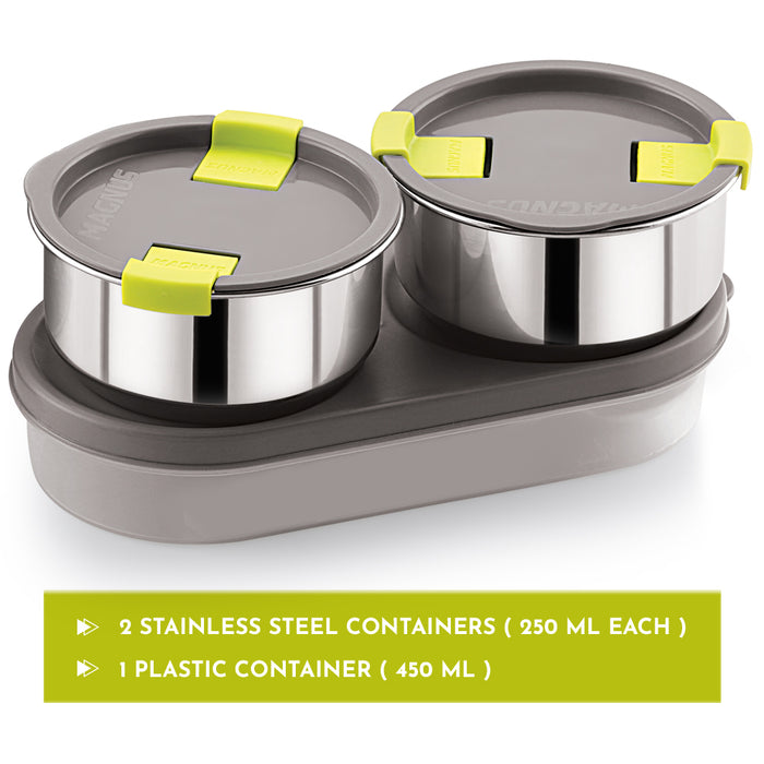 Magnus Olive 3 Lunch Box Set: Leak-Proof Stainless Steel Containers with Thermal Bag - Lunch Box for Kids and Lunch Boxes for Office Men - Airtight & Insulated Food Tiffin (950 ml)
