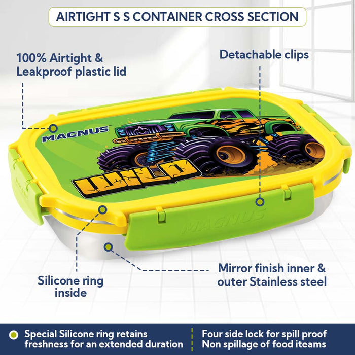 Magnus Magic Switch Senior Stainless Steel Lunch Box for Kids & School | 800ml Main Container + 150ml SS Container | Airtight & Leakproof Tiffin Box with 3D Lenticular Sticker | Green & Yellow