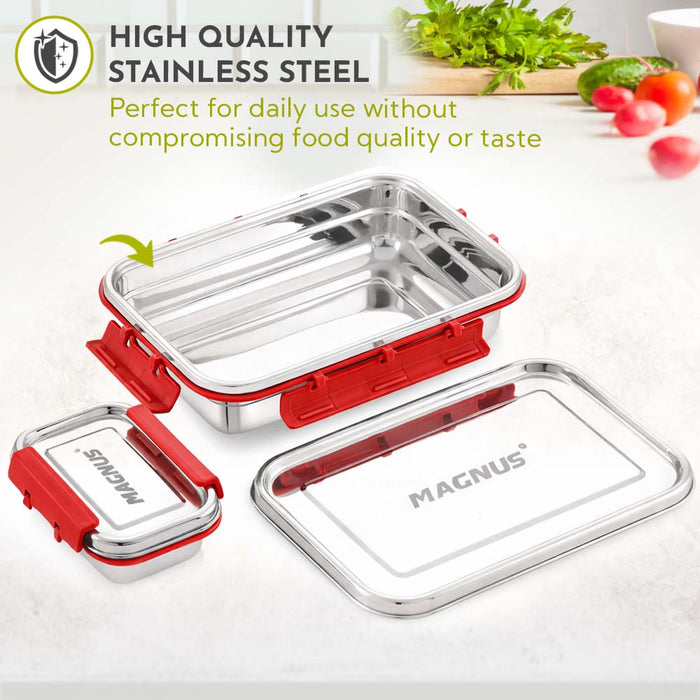 Magnus Dixie Stainless Steel Lunch Box - Airtight & Leak Proof Tiffin, 2 Containers (800ml & 200ml), Ideal Lunch Box for Kids, Lunch Boxes for Office Men, Women & Picnic, Red