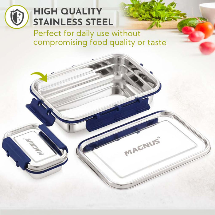 Magnus Dixie Stainless Steel Lunch Box - Airtight & Leak Proof Tiffin, 2 Containers (800ml & 200ml), Ideal Lunch Box for Kids, Lunch Boxes for Office Men, Women & Picnic, Blue