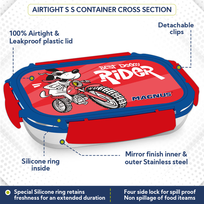 Magnus Magic Switch Junior Stainless Steel Lunch Box for Kids & School | 550 ml Container Container | Airtight & Leakproof Tiffin Box with 3D Lenticular Sticker & Detachable Clips | Blue, Red