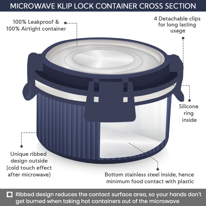 Magnus Microwave Avanza 3 Deluxe Prime - Stainless Steel Ribbed Microwave Safe Leakproof Lunch Box with Klip Lock & Carry Bag |Tiffin for Office, School, Men, Women, Kids