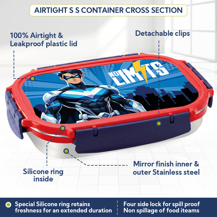 Magnus Magic Switch Senior Stainless Steel Lunch Box for Kids & School | 800ml Main Container + 150ml SS Container | Airtight & Leakproof Tiffin Box with 3D Lenticular Sticker | Red & Blue