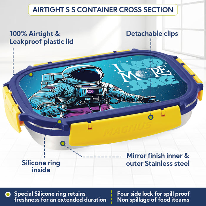 Magnus Magic Switch Senior Stainless Steel Lunch Box for Kids & School | 800ml Main Container + 150ml SS Container | Airtight & Leakproof Tiffin Box with 3D Lenticular Sticker | Blue & Yellow