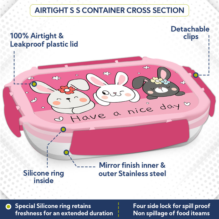 Magnus Magic Switch Junior Stainless Steel Lunch Box for Kids & School | 550 ml Container Container | Airtight & Leakproof Tiffin Box with 3D Lenticular Sticker & Detachable Clips | Pink