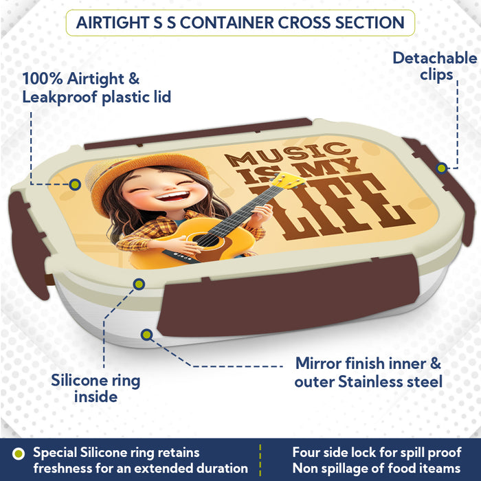Magnus Magic Switch Junior Stainless Steel Lunch Box for Kids & School | 550 ml Container Container | Airtight & Leakproof Tiffin Box with 3D Lenticular Sticker & Detachable Clips | Brown