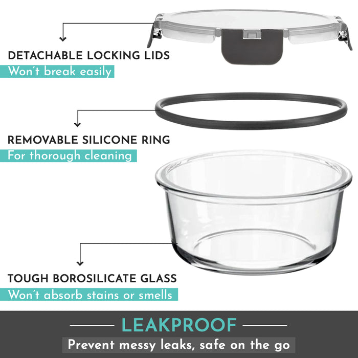 Magnus Glock Round Glass Food Storage Containers Set, Airtight Glass Lunch Containers, Exclusive of BPA, for Microwave, Oven, Freezer & Dishwasher Friendly,240ml