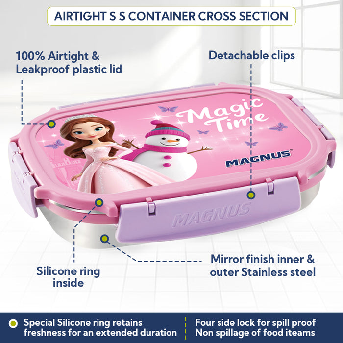 Magnus Magic Switch Senior Stainless Steel Lunch Box for Kids | 800ml Main Container + 150ml SS Container | Airtight & Leakproof Tiffin Box with 3D Lenticular Sticker & Detachable Clips | Pink