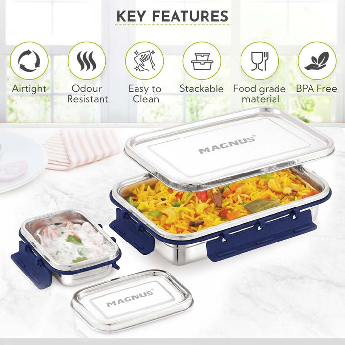 Magnus Dixie Stainless Steel Lunch Box - Airtight & Leak Proof Tiffin, 2 Containers (800ml & 200ml), Ideal Lunch Box for Kids, Lunch Boxes for Office Men, Women & Picnic, Blue