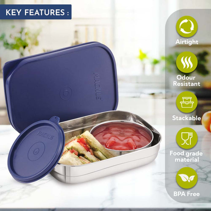 Magnus Rush Stainless Steel Lunch Box - Airtight & Leak Proof Tiffin, 2 Containers (800ml & 200ml), Ideal Lunch Box for Kids, Lunch Boxes for Office Men, Women & Picnic, Blue