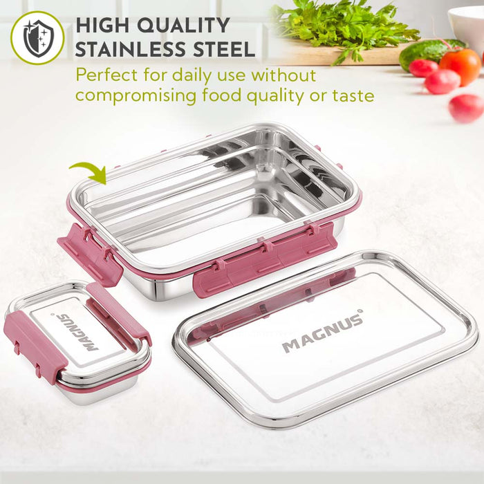 Magnus Dixie Stainless Steel Lunch Box - Airtight & Leak Proof Tiffin, 2 Containers (800ml & 200ml), Ideal Lunch Box for Kids, Lunch Boxes for Office Men, Women & Picnic, Pink