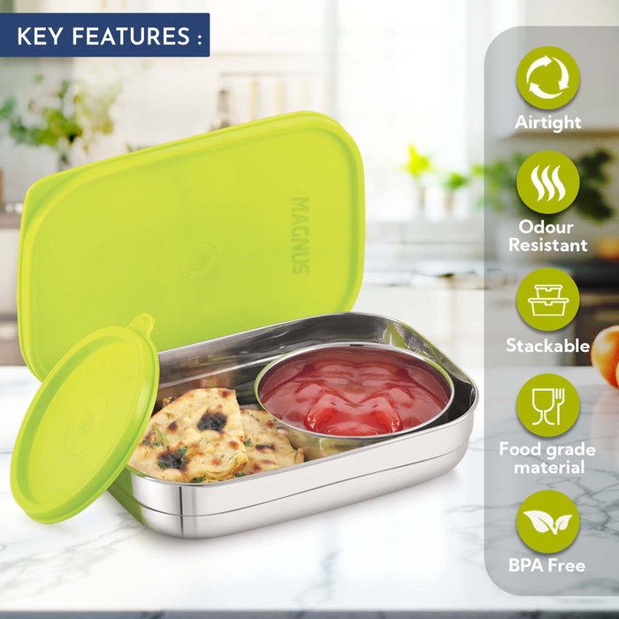 Magnus Rush Stainless Steel Lunch Box - Airtight & Leak Proof Tiffin, 2 Containers (800ml & 200ml), Ideal Lunch Box for Kids, Lunch Boxes for Office Men, Women & Picnic, Green