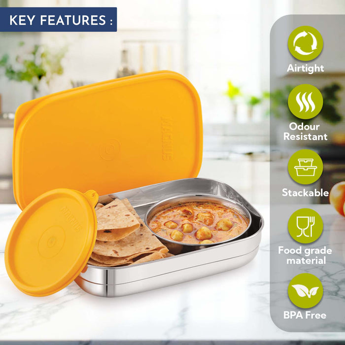 Magnus Rush Stainless Steel Lunch Box - Airtight & Leak Proof Tiffin, 2 Containers (800ml & 200ml), Ideal Lunch Box for Kids, Lunch Boxes for Office Men, Women & Picnic, Orange