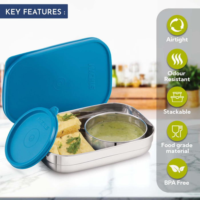 Magnus Rush Stainless Steel Lunch Box - Airtight & Leak Proof Tiffin, 2 Containers (800ml & 200ml), Ideal Lunch Box for Kids, Lunch Boxes for Office Men, Women & Picnic, Peacock Green