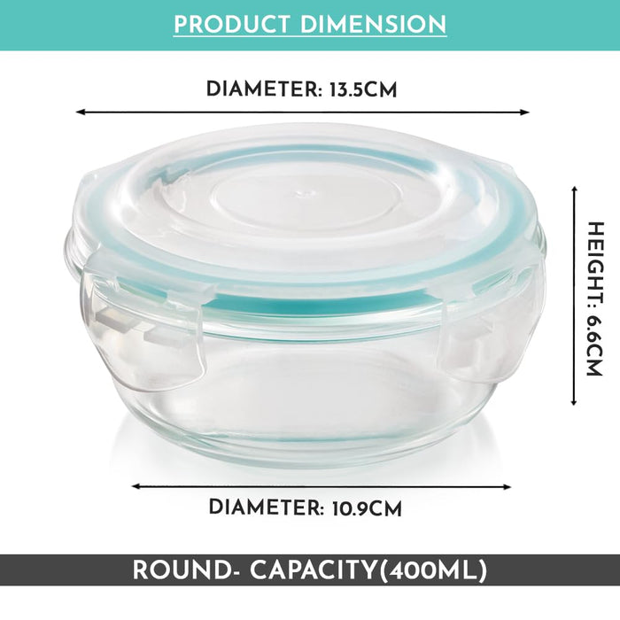 Vivid Glass Food Round Container with Break-Free Detachable Lock – Oven & Microwave Safe Borosilicate Glass - 400ML
