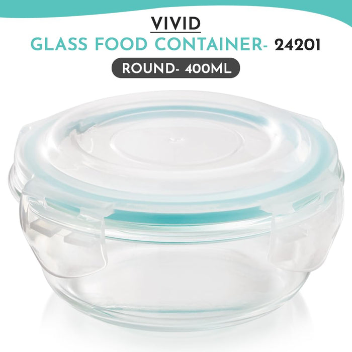 Vivid Glass Food Round Container with Break-Free Detachable Lock – Oven & Microwave Safe Borosilicate Glass - 400ML