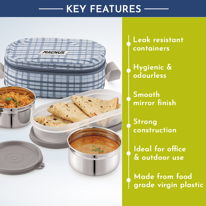 Magnus Deli 3 Stainless Steel Lunch Box Set - Grey | Leakproof & BPA-Free | Lunch Box for Kids | Hot Food Safe | Air-Tight Seal Tiffin Containers | Ideal Lunch Boxes for Office Men & Women