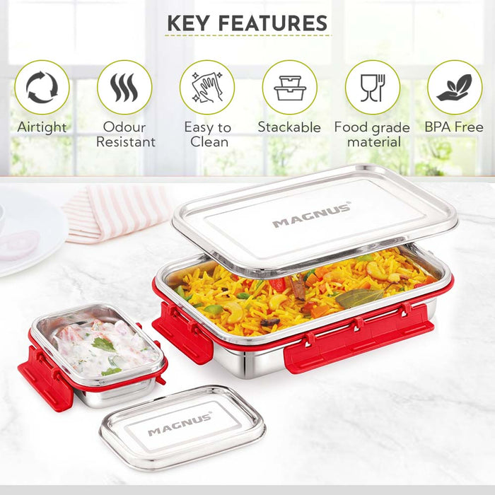 Magnus Dixie Stainless Steel Lunch Box - Airtight & Leak Proof Tiffin, 2 Containers (800ml & 200ml), Ideal Lunch Box for Kids, Lunch Boxes for Office Men, Women & Picnic, Red