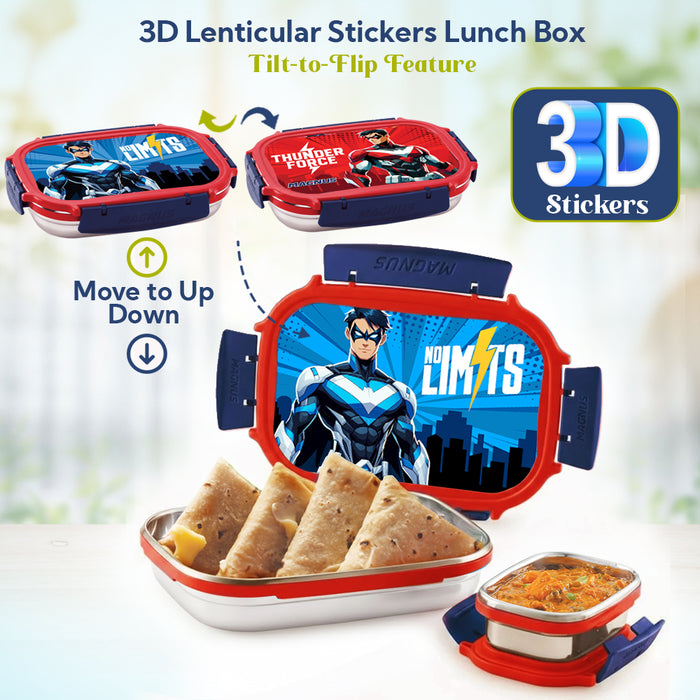 Magnus Magic Switch Senior Stainless Steel Lunch Box for Kids & School | 800ml Main Container + 150ml SS Container | Airtight & Leakproof Tiffin Box with 3D Lenticular Sticker | Red & Blue
