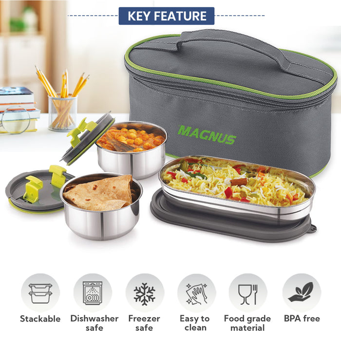Magnus Olive-3 Prime Steam Lock Stainless Steel Lunch Box for Kids, Lunch Boxes for Office Men, Women, Leak-Proof Containers with Carry Case, Airtight Food Storage for School, Picnic