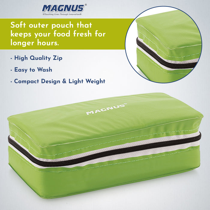 Magnus Fancy 2 Prime Steel Lunch Box Set | Leak-Proof Containers for Office & School | 1050ml | Lunch Bag for Men, Women | Lunch Box for Kids | Lunch Boxes for Office Men | Stylish Design (Green)