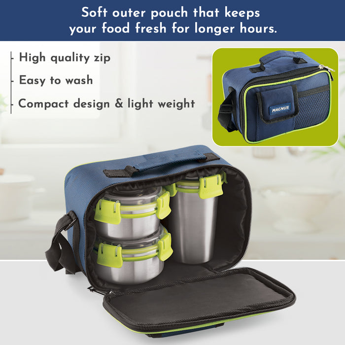 Magnus Ethos 3 Lunch Box Set | Stainless Steel Tiffin with 2 Containers & 1 Glass | Air-Tight, Leakproof, Insulated Bag - Green | Lunch Box for Kids | Lunch Boxes for Office Men, Women
