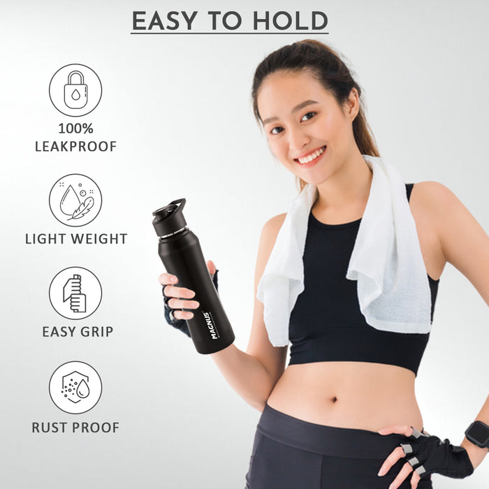 Magnus Oscar Single Wall Stainless Steel Water Bottle for School, Office, Home, Gym, Leakproof, Rust free, Black - 1000ml
