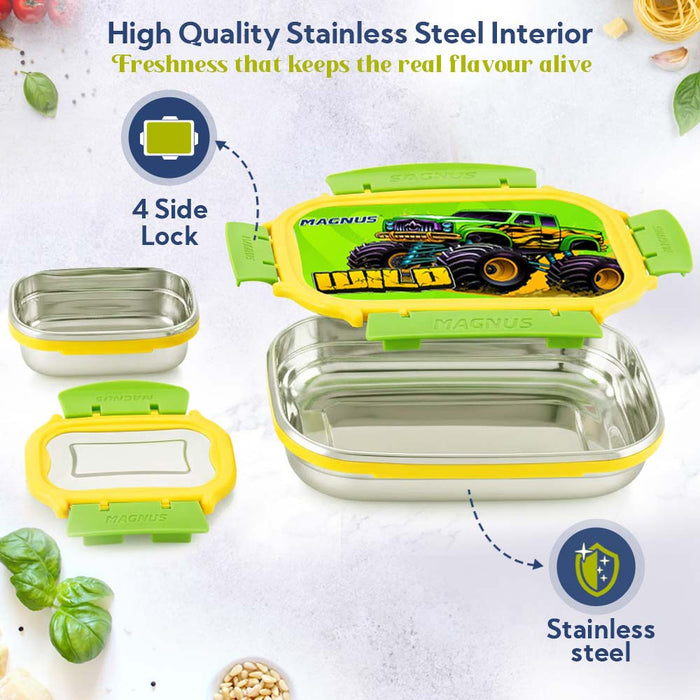 Magnus Magic Switch Senior Stainless Steel Lunch Box for Kids & School | 800ml Main Container + 150ml SS Container | Airtight & Leakproof Tiffin Box with 3D Lenticular Sticker | Green & Yellow