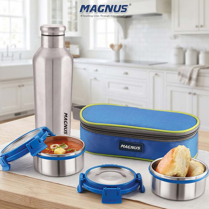 Magnus Avanza 2 Deluxe Stainless Steel Lunch Box Set with Bottle (550ml) | Leakproof Tiffin with Bag | Ideal Lunch Box for Kids, Office Men, Women | Air-Tight Food Carrier