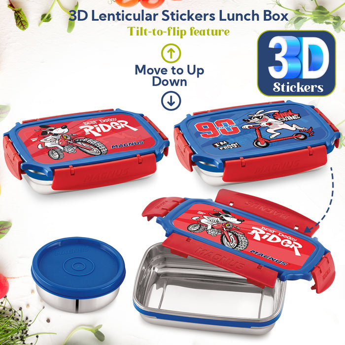 Magnus Magic Switch Junior Stainless Steel Lunch Box for Kids & School | 550 ml Main Container + 100ml Round Container | Airtight & Leakproof Tiffin Box with 3D Lenticular Sticker | Red, Blue