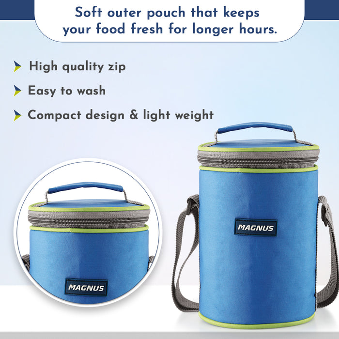 Magnus Aura 3 Deluxe Stainless Steel Lunch Box - Airtight & Leakproof Design with Insulated Cover - Ideal Lunch Box for Kids, Lunch Boxes for Office Men, Women - Premium Tiffin Container (Blue)