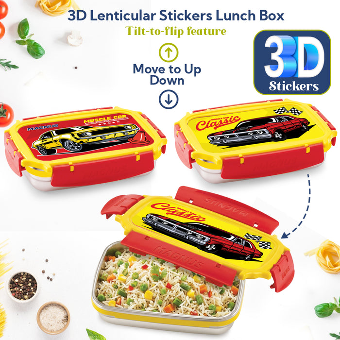 Magnus Magic Switch Junior Stainless Steel Lunch Box for Kids & School | 550 ml Container Container | Airtight & Leakproof Tiffin Box with 3D Lenticular Sticker & Detachable Clips | Red, Yellow