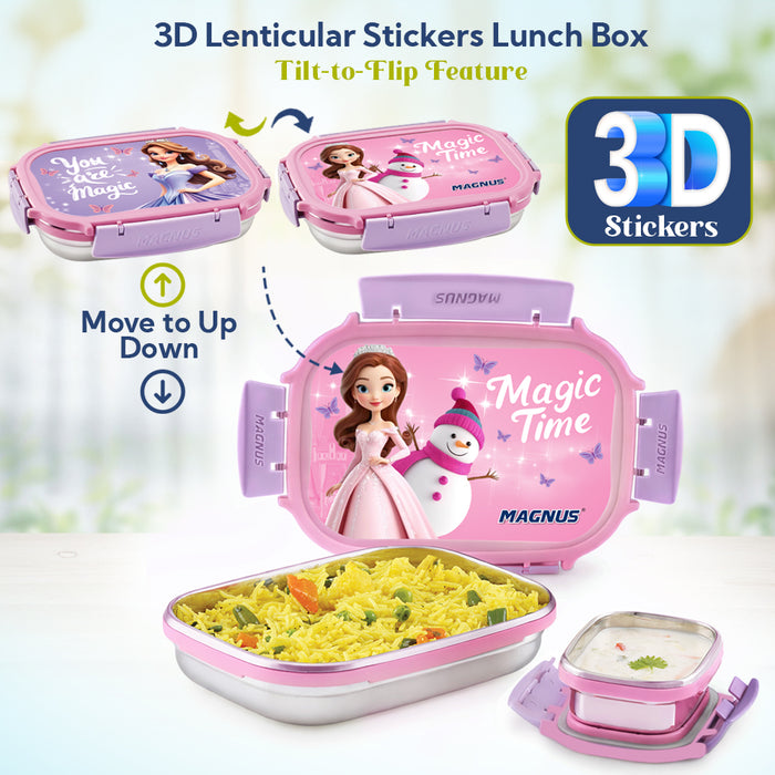Magnus Magic Switch Senior Stainless Steel Lunch Box for Kids | 800ml Main Container + 150ml SS Container | Airtight & Leakproof Tiffin Box with 3D Lenticular Sticker & Detachable Clips | Pink