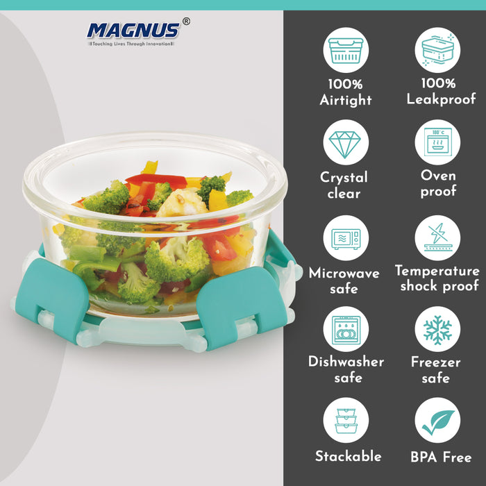 Magnus Glock Round Glass Food Storage Containers Set, Airtight Glass Lunch Containers, Exclusive of BPA, for Microwave, Oven, Freezer & Dishwasher Friendly,240ml -Green