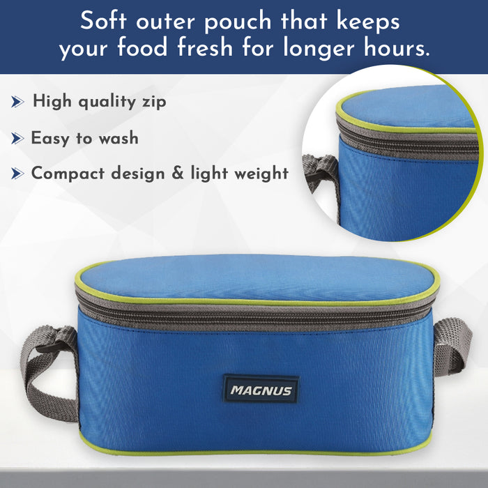 Magnus Avanza 3 Deluxe Stainless Steel Lunch Box with Plastic Container | Airtight & Leakproof | Ideal Lunch Box for Kids & Lunch Boxes for Office Men and Women with Carrying Pouch