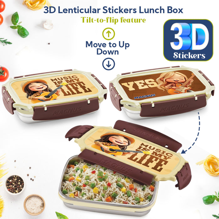 Magnus Magic Switch Junior Stainless Steel Lunch Box for Kids & School | 550 ml Container Container | Airtight & Leakproof Tiffin Box with 3D Lenticular Sticker & Detachable Clips | Brown