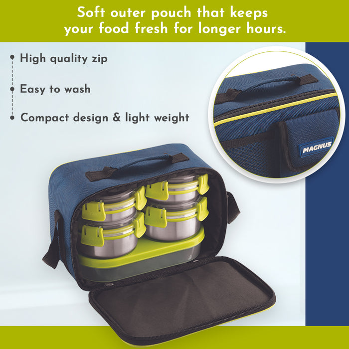 Magnus Nexus 5 Stainless Steel Lunch Box Set | Insulated, Air-Tight, Leakproof Lunch Box for Kids, Office Men & School Tiffin | Suitable for Men, Women - Blue
