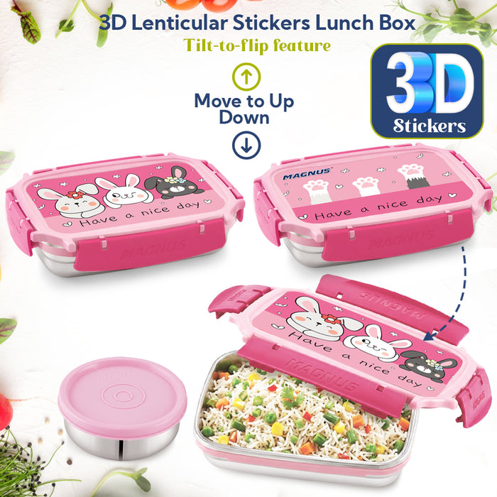 Magnus Magic Switch Junior Stainless Steel Lunch Box for Kids & School | 550 ml Main Container + 100ml Round Container | Airtight & Leakproof Tiffin Box with 3D Lenticular Sticker | Pink