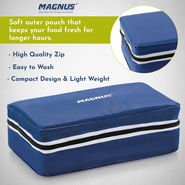 Magnus Fancy 2 Steel Lunch Box Set - Leak-Proof Containers for Office & School | 1050ml | Carry Bag for Men, Women | Stylish Lunch Box for Kids & Lunch Boxes for Office Men, Blue