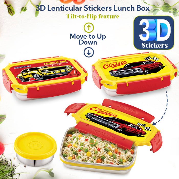 Magnus Magic Switch Junior Stainless Steel Lunch Box for Kids & School | 550 ml Main Container + 100ml Round Container | Airtight & Leakproof Tiffin Box with 3D Lenticular Sticker | Red, Blue