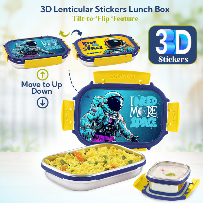 Magnus Magic Switch Senior Stainless Steel Lunch Box for Kids & School | 800ml Main Container + 150ml SS Container | Airtight & Leakproof Tiffin Box with 3D Lenticular Sticker | Blue & Yellow