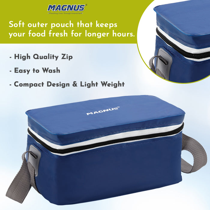 Magnus Fancy 3 Prime Steel Lunch Box Set | Leak-Proof Lunch Box for Kids | Lunch Boxes for Office Men & Women | Tiffin with 3 Compartments & Washable Cover | Safe & Stylish Design (Blue)