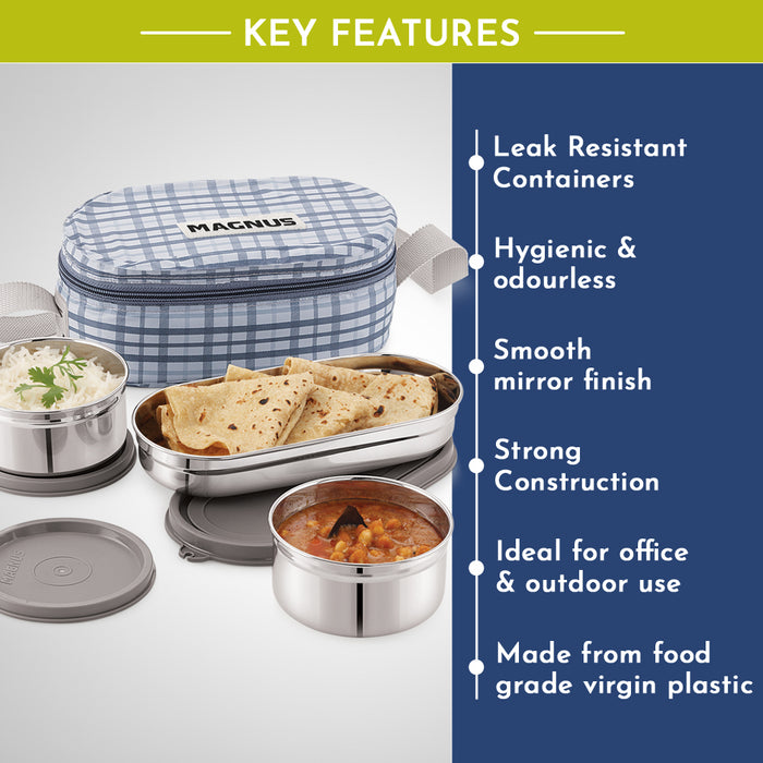 Magnus Deli 3 Prime Stainless Steel Lunch Box Set - Leakproof, BPA-Free, Hot Food Safe, Air-Tight Seal, Grey Lunch Box for Kids & Lunch Boxes for Office Men & Women, Ideal for School & Office