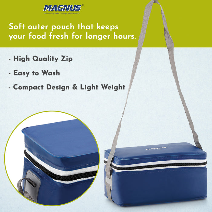 Magnus Fancy 3 Steel Lunch Box Set for Kids and Office Men, Leak-Proof Containers, 3 Compartments, Washable Cover, Stylish Carry Bag, Safe Design, Ideal for Office and School, Blue
