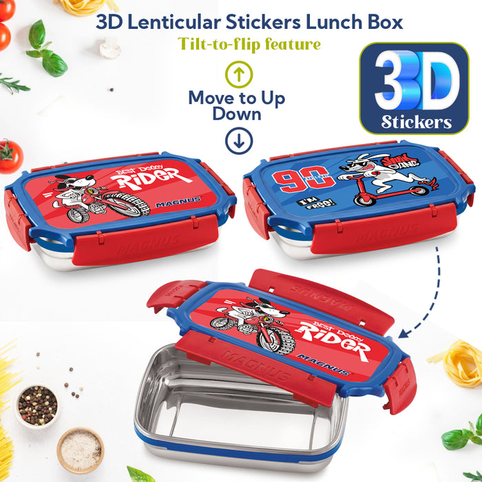 Magnus Magic Switch Junior Stainless Steel Lunch Box for Kids & School | 550 ml Container Container | Airtight & Leakproof Tiffin Box with 3D Lenticular Sticker & Detachable Clips | Blue, Red