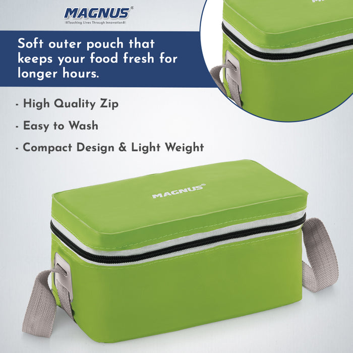 Magnus Fancy 3 Steel Lunch Box Set with Leak-Proof Containers, 3 Compartments, Washable Cover, Stylish Carry Bag - Lunch Box for Kids, Lunch Boxes for Office Men and Women, Safe Design (Green)