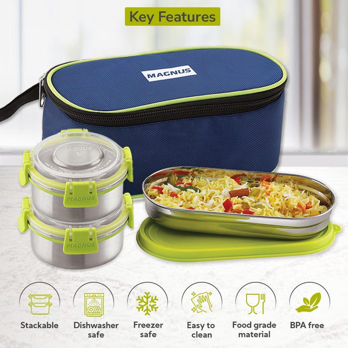 Magnus Avanza 3 Prime - Stainless Steel Leakproof Lunch Box with Klip Lock & Insulated Bag |Tiffin for Office, School, Men, Women, Kids | Airtight & BPA-Free Food Containers