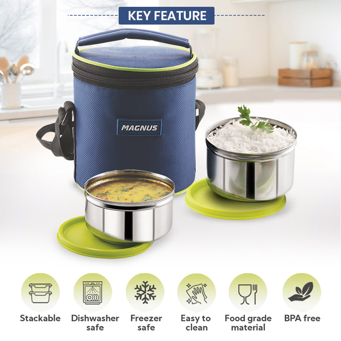 Magnus Alfa-2 Stainless Steel Lunch Box Set with Leak-Proof Containers & Insulated Bag - Air-Tight Lunch Box for Kids, Safe Lunch Boxes for Office Men, Ideal Tiffin for School & Work (Blue)