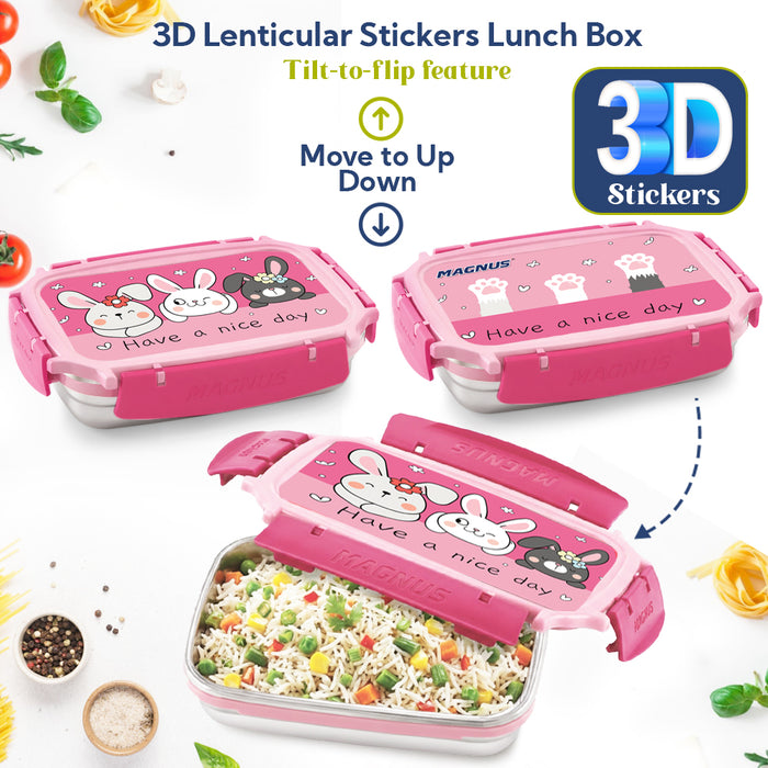 Magnus Magic Switch Junior Stainless Steel Lunch Box for Kids & School | 550 ml Container Container | Airtight & Leakproof Tiffin Box with 3D Lenticular Sticker & Detachable Clips | Pink