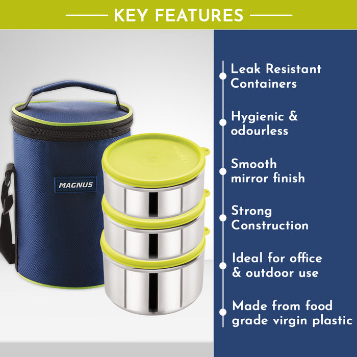 Magnus Alfa-3 Stainless Steel Lunch Box Set - 3 Leakproof Containers & Insulated Bag - Ideal Lunch Box for Kids & Lunch Boxes for Office Men - Safe, Air-Tight, Stylish Design in Blue